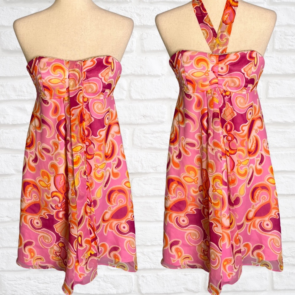 Lilly Pultizer Silk Strapless Halter Pink Lobster Print Dress Size 2